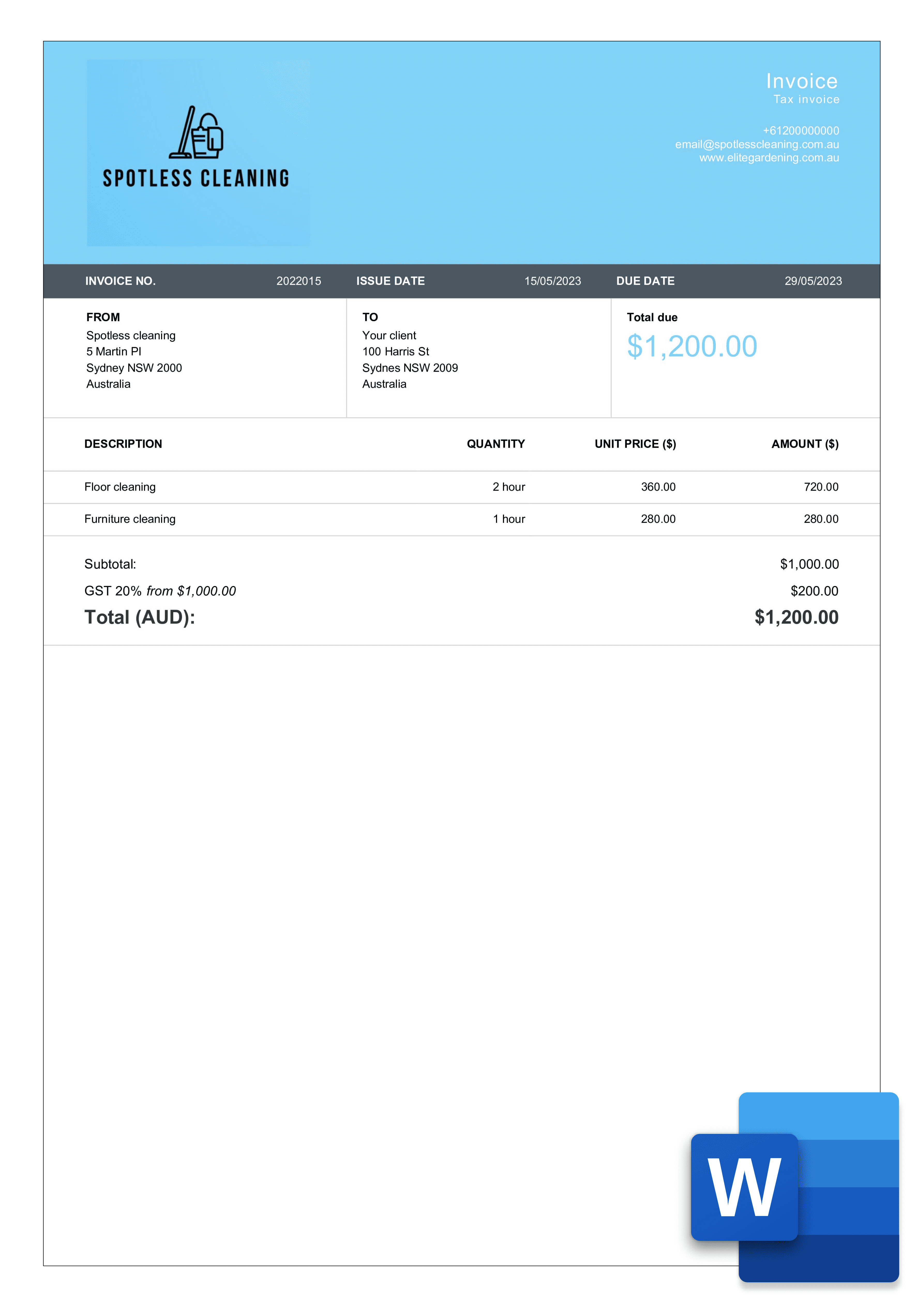 download cleaning invoice template layout in word
