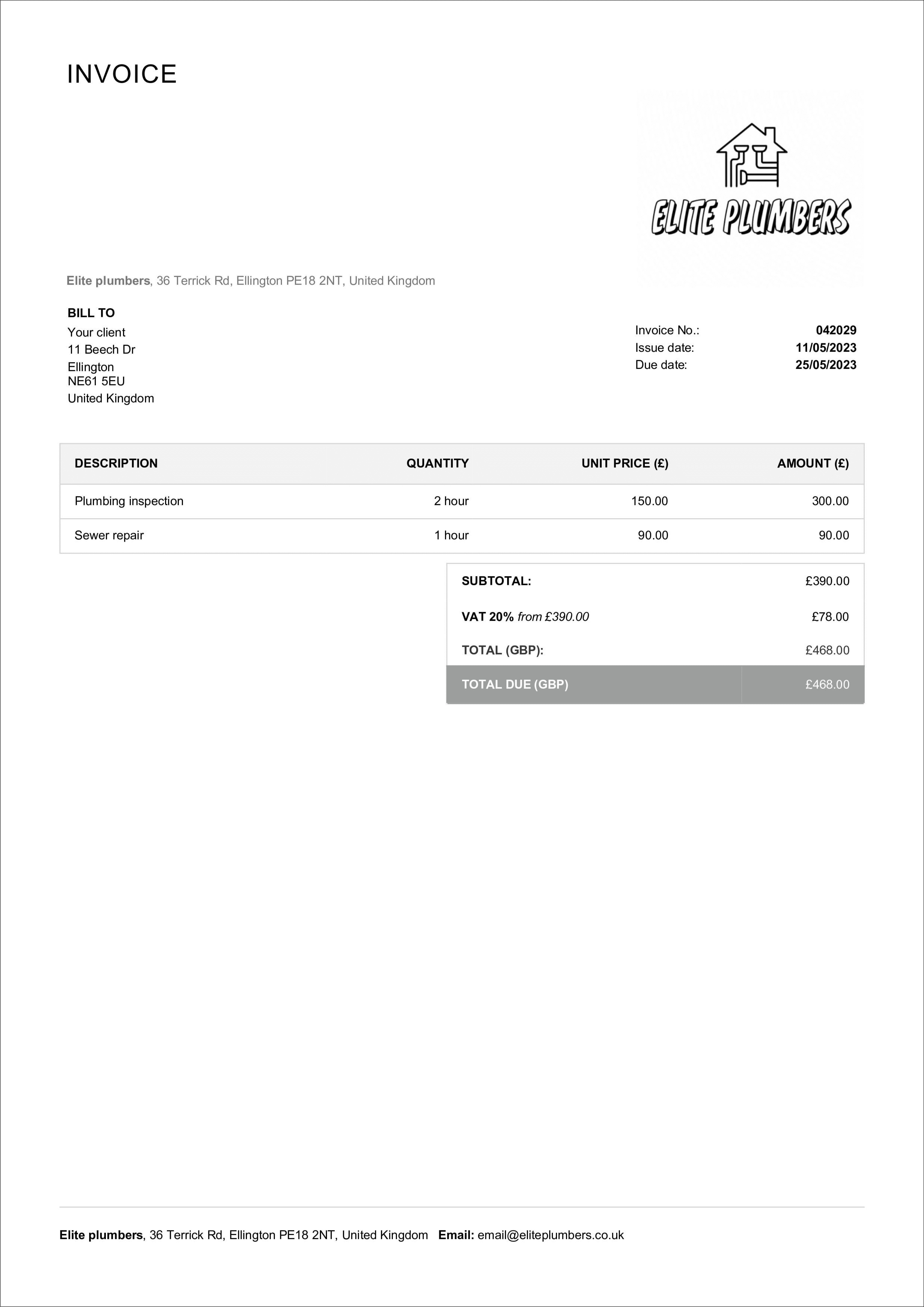 plumbing invoice template example