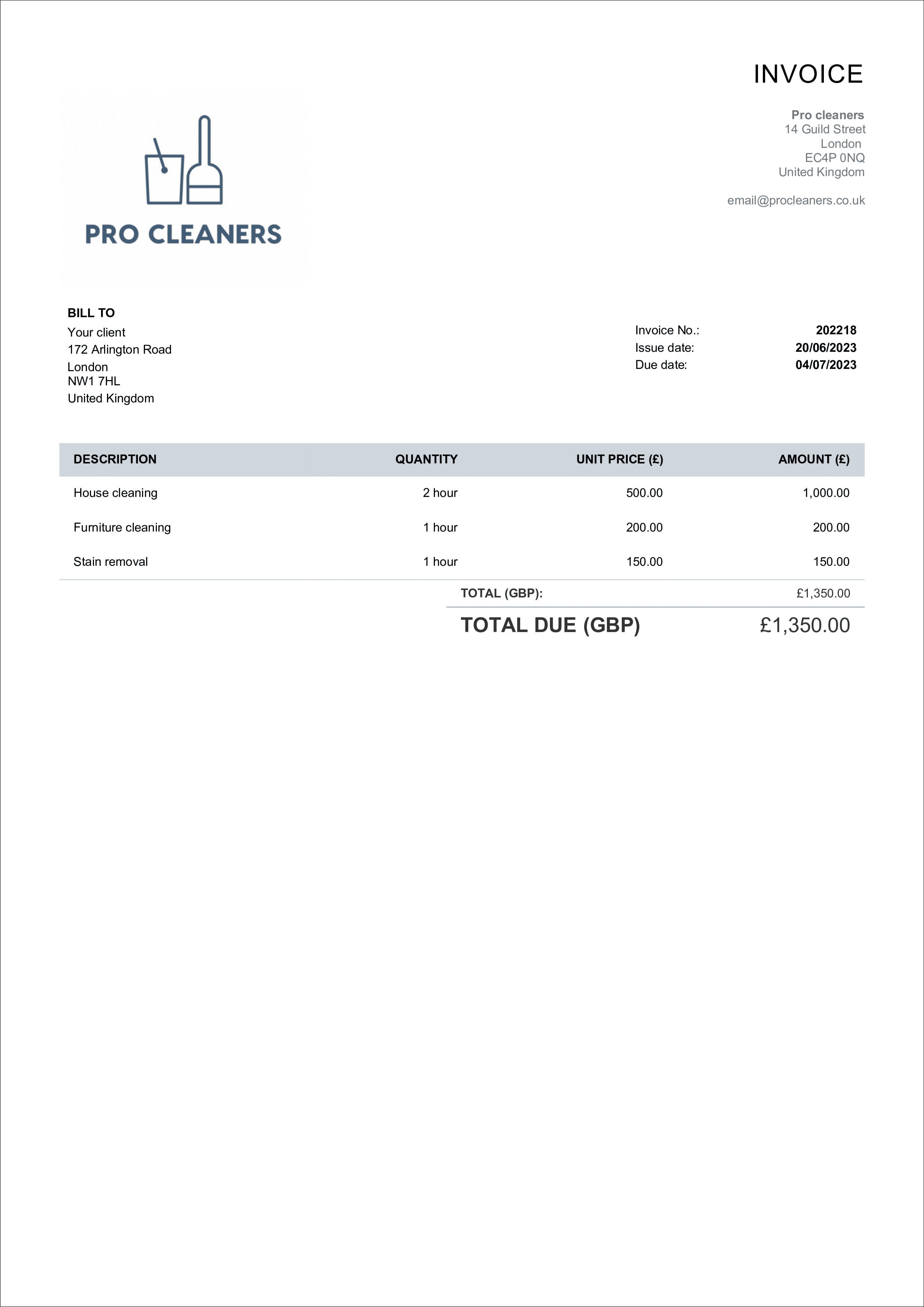 cleaning invoice template sample united kingdom