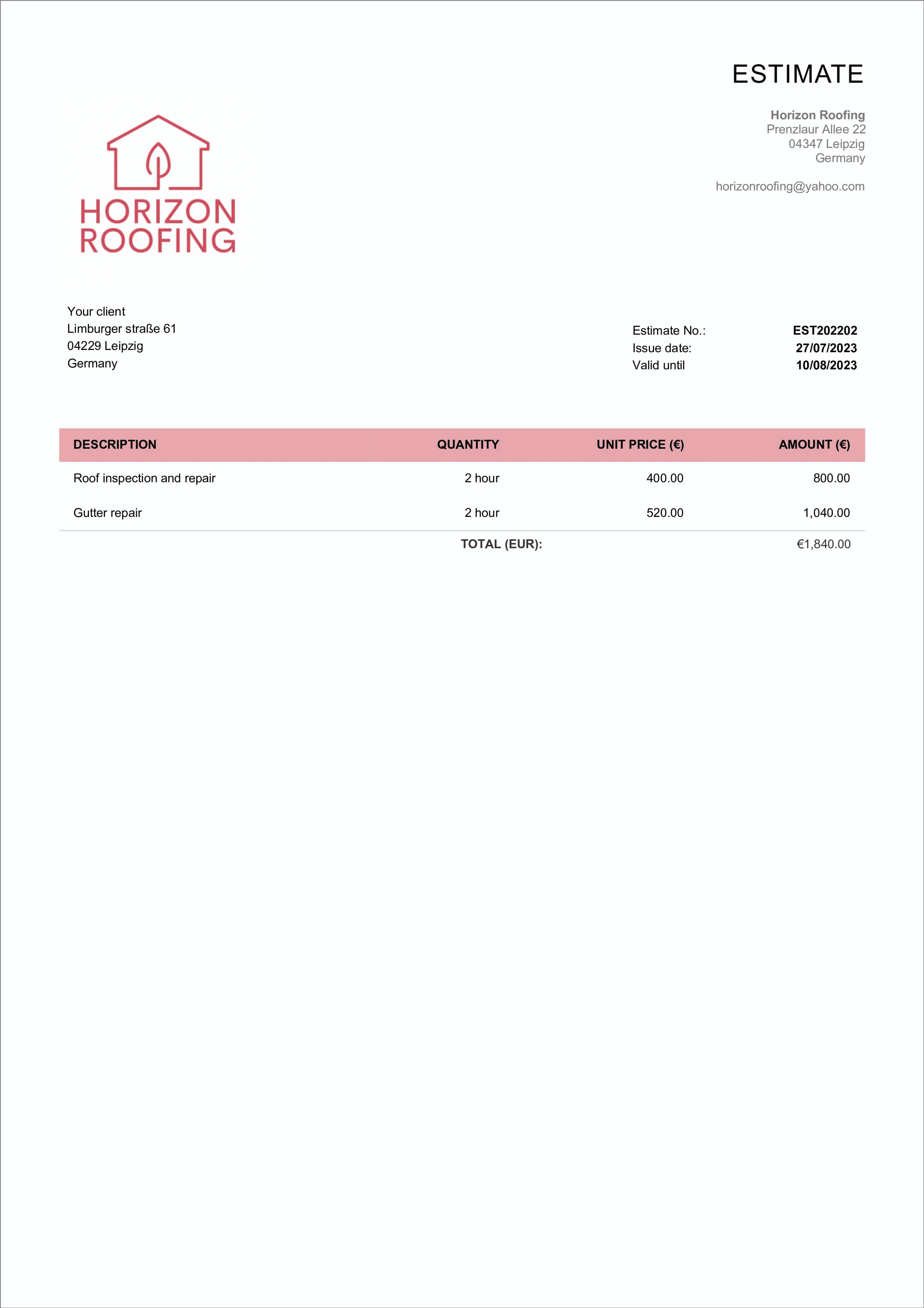 simple roofing estimate sample
